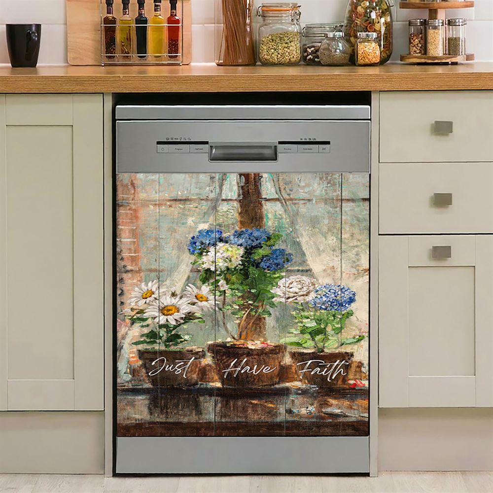 Just Have Faith Blue Hydrangea White Daisy Dishwasher Cover, Bible Verse Dishwasher Wrap, Inspirational Kitchen Decoration