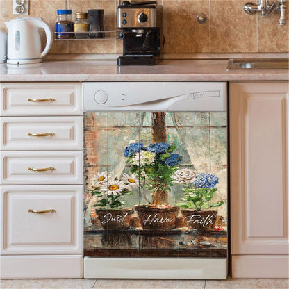 Just Have Faith Blue Hydrangea White Daisy Dishwasher Cover, Bible Verse Dishwasher Wrap, Inspirational Kitchen Decoration