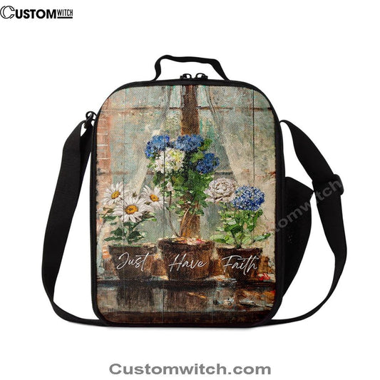 Just Have Faith Blue Hydrangea White Daisy Lunch Bag, Christian Lunch Box For School, Picnic