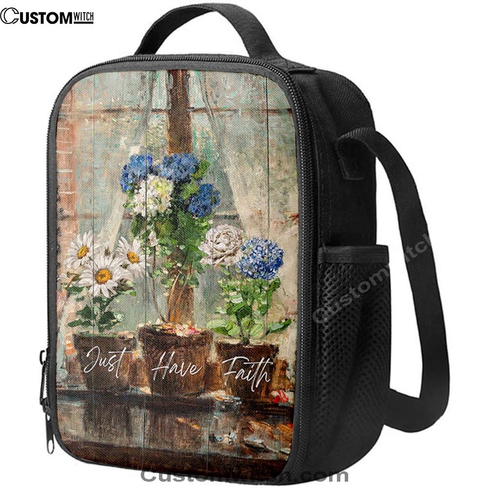 Just Have Faith Blue Hydrangea White Daisy Lunch Bag, Christian Lunch Box For School, Picnic
