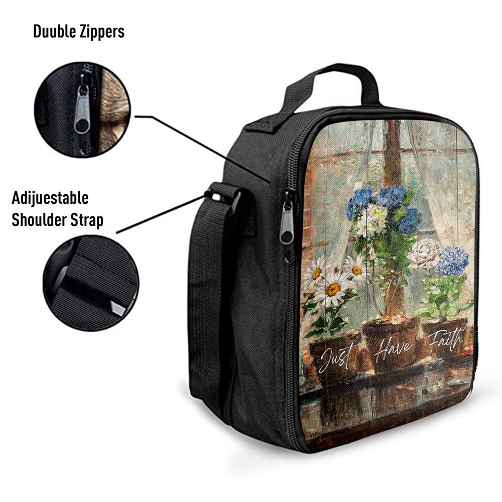 Just Have Faith Blue Hydrangea White Daisy Lunch Bag, Christian Lunch Box For School, Picnic