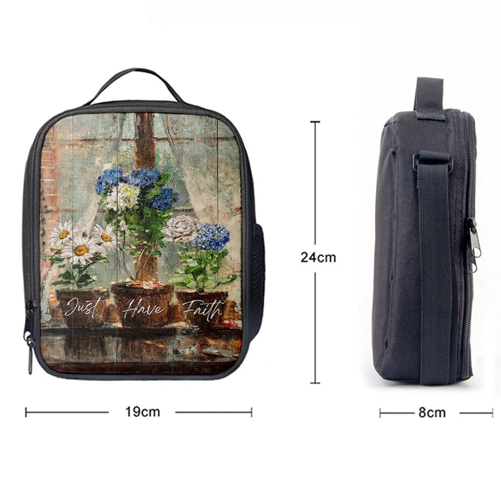 Just Have Faith Blue Hydrangea White Daisy Lunch Bag, Christian Lunch Box For School, Picnic