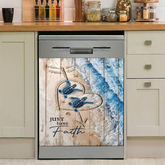 Just Have Faith Blue Turtle Dishwasher Cover, Bible Verse Dishwasher Wrap, Inspirational Kitchen Decoration