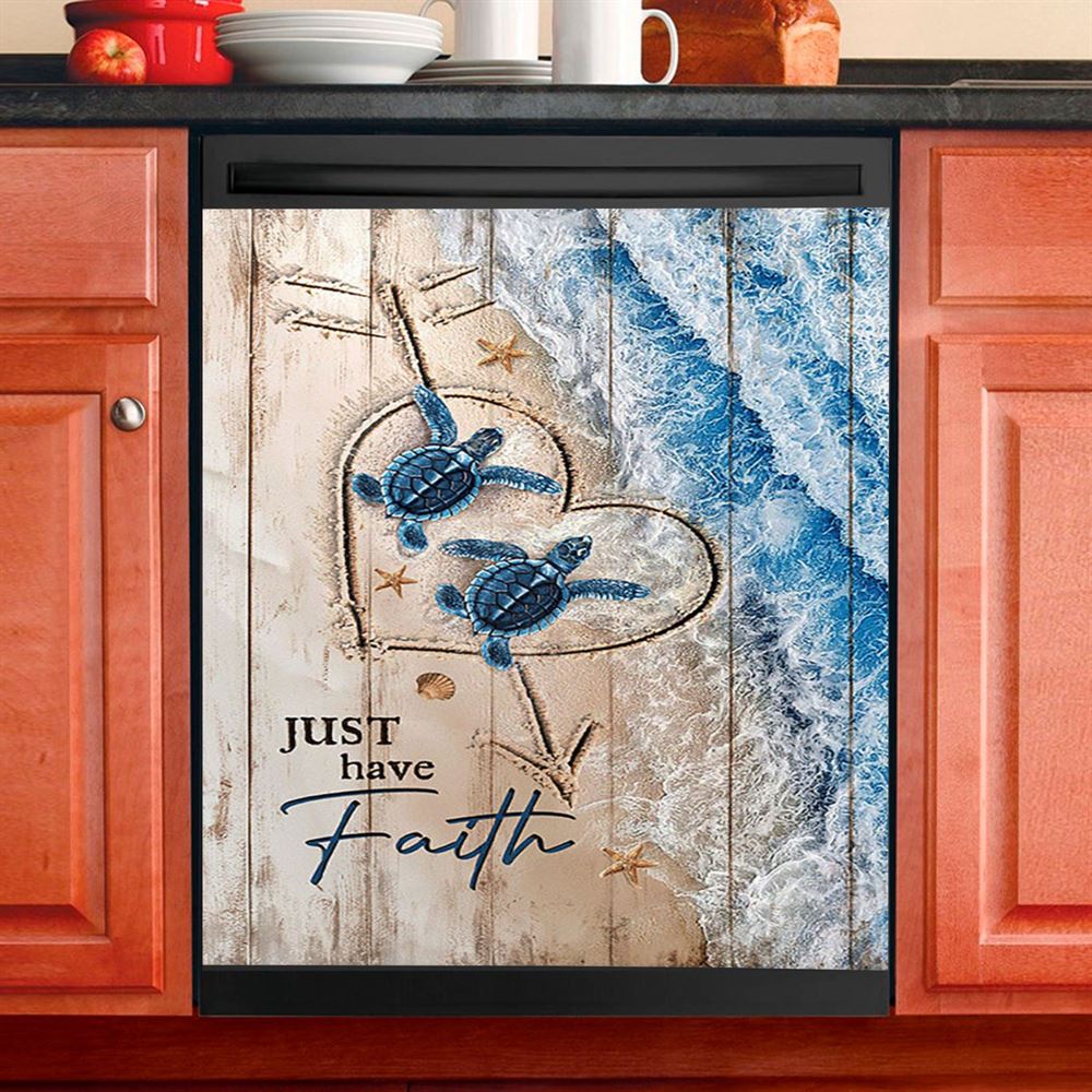 Just Have Faith Blue Turtle Dishwasher Cover, Bible Verse Dishwasher Wrap, Inspirational Kitchen Decoration