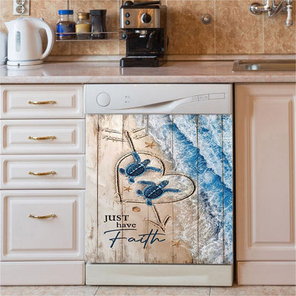 Just Have Faith Blue Turtle Dishwasher Cover, Bible Verse Dishwasher Wrap, Inspirational Kitchen Decoration