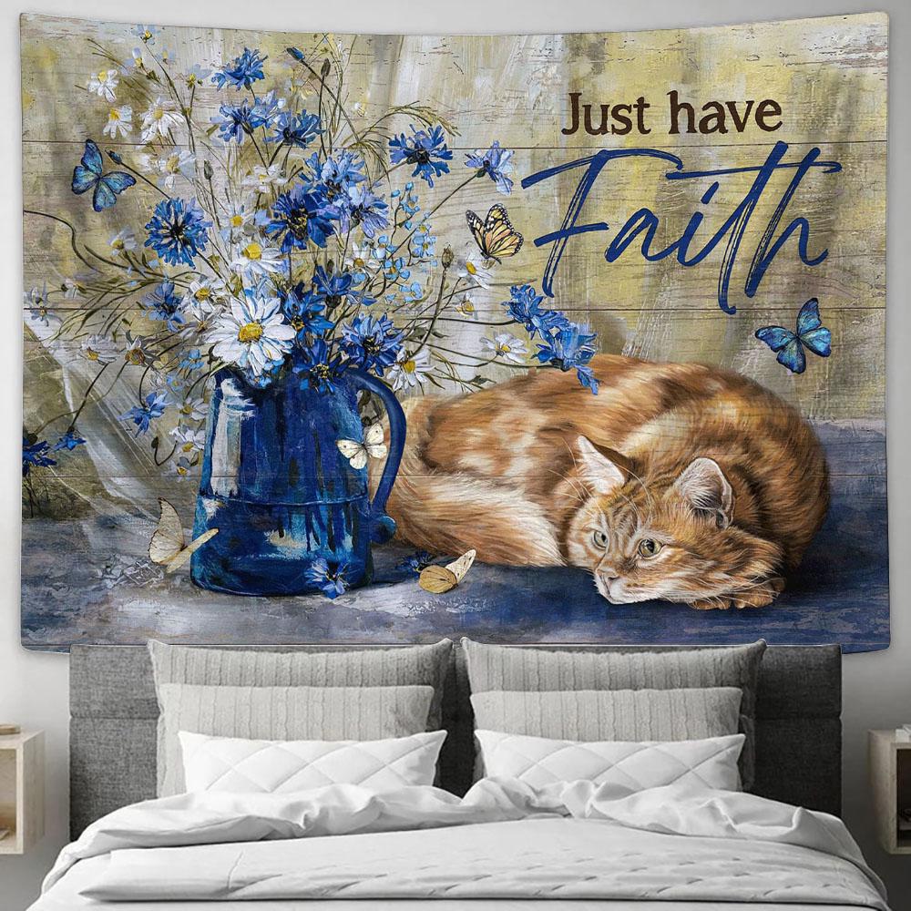 Just Have Faith Daisy Tabby Cat Wall Art Tapestry - Christian Wall Art - Religious Art
