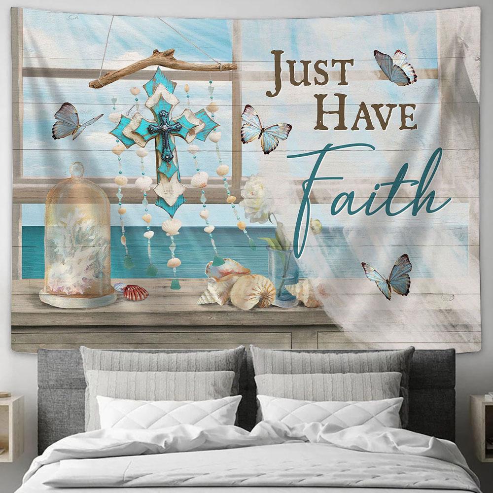 Just Have Faith Deep Ocean Cross Tapestry Wall Art - Bible Verse Tapestry - Religious Tapestry Wall Hanging