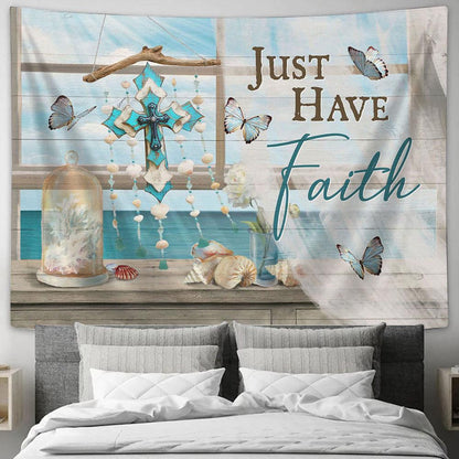 Just Have Faith Deep Ocean Cross Tapestry Wall Art - Bible Verse Tapestry - Religious Tapestry Wall Hanging