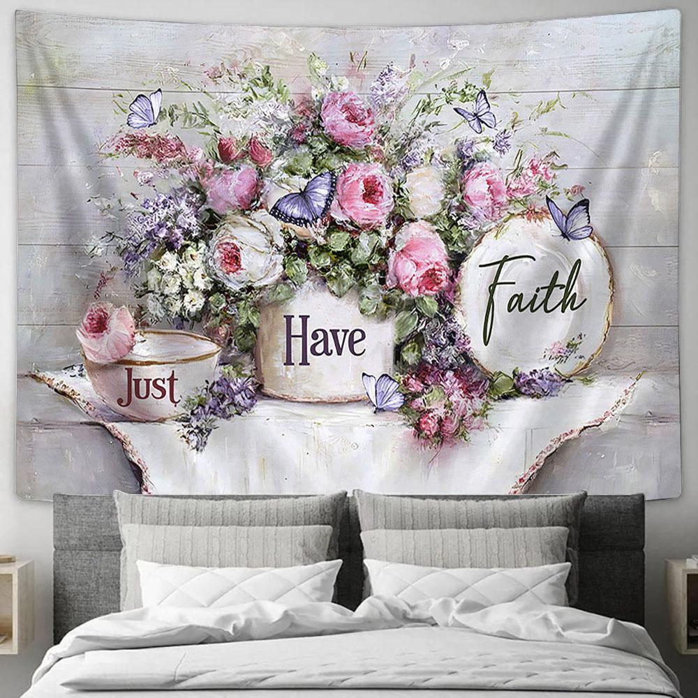 Just Have Faith Flower Purple Butterfly Tapestry Art - Christian Wall Art Decor - Bible Verse Tapestry