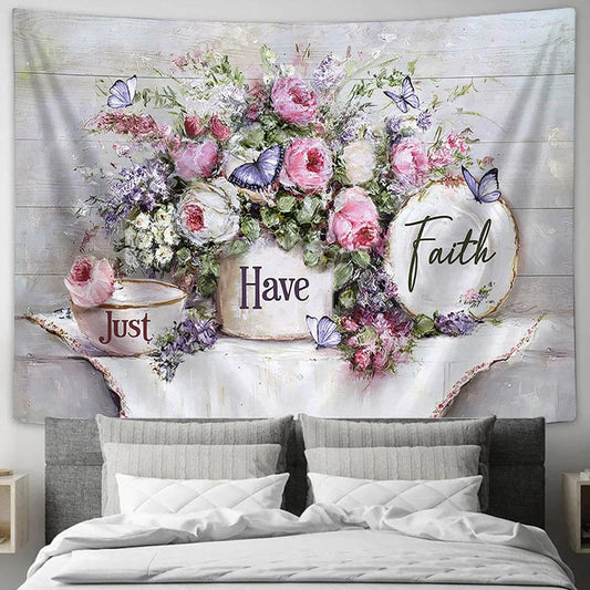 Just Have Faith Flower Purple Butterfly Tapestry Art - Christian Wall Art Decor - Bible Verse Tapestry
