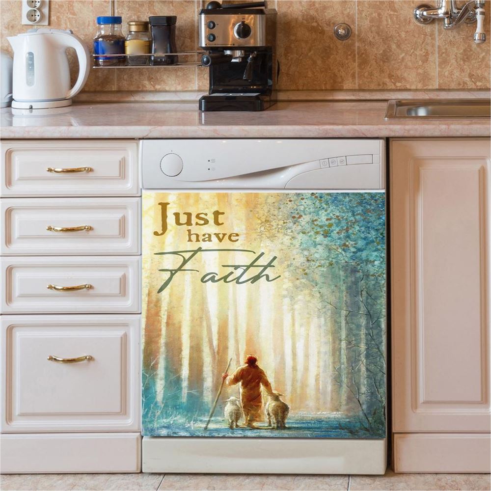 Just Have Faith He Leadeth Me Jesus Sheep Dishwasher Cover, Jesus Christ Dishwasher Wrap, Christian Kitchen Decoration