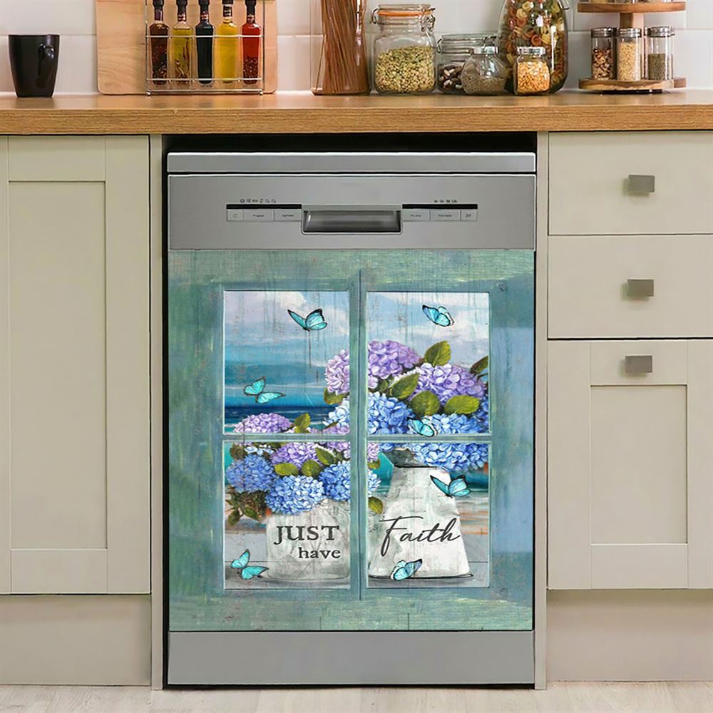 Just Have Faith Hydrangea Pretty Butterfly Dishwasher Cover, Bible Verse Dishwasher Wrap, Christian Kitchen Decoration