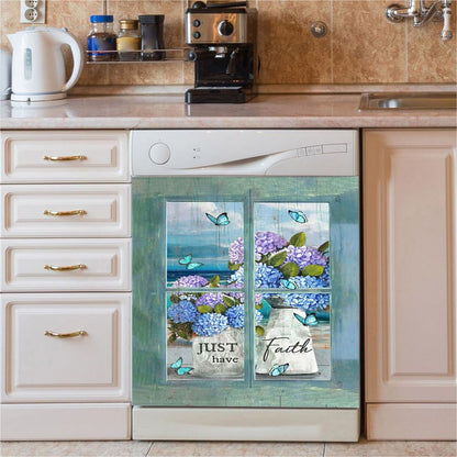 Just Have Faith Hydrangea Pretty Butterfly Dishwasher Cover, Bible Verse Dishwasher Wrap, Christian Kitchen Decoration