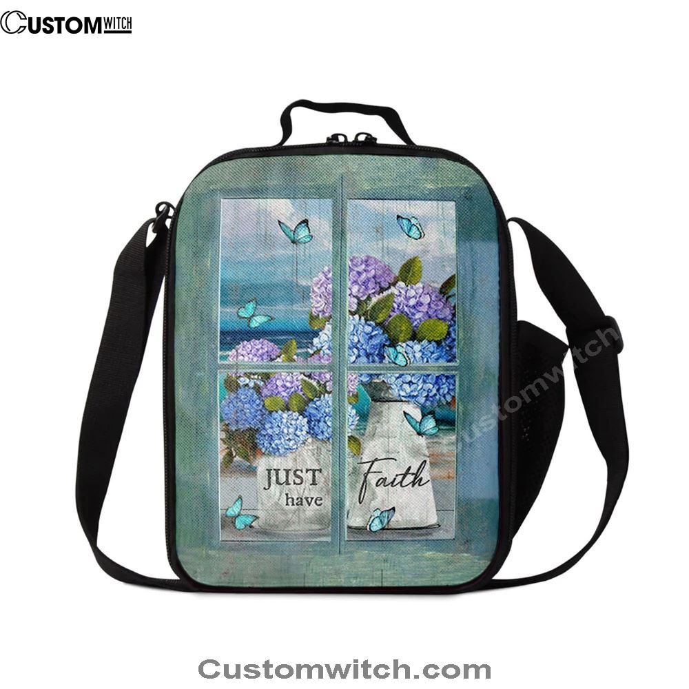Just Have Faith Hydrangea Pretty Butterfly Lunch Bag, Christian Lunch Box For School, Picnic