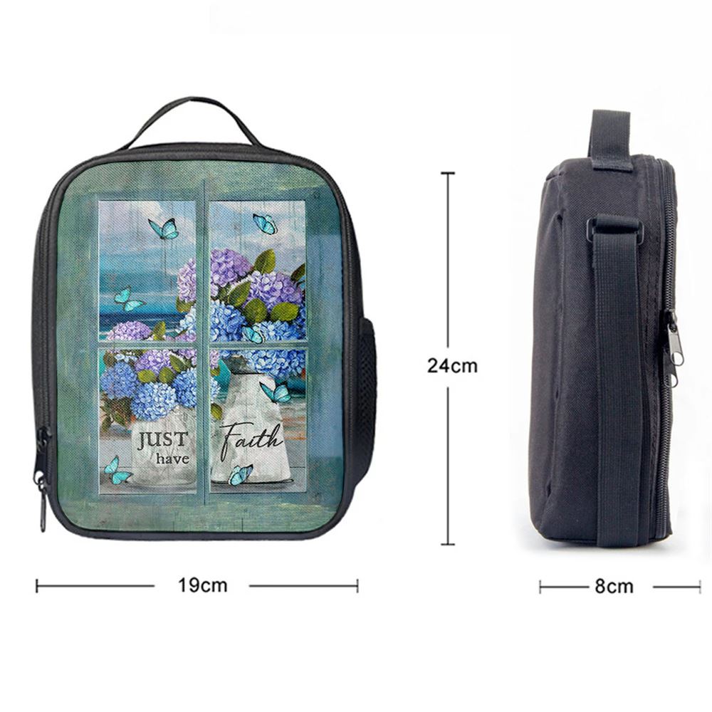 Just Have Faith Hydrangea Pretty Butterfly Lunch Bag, Christian Lunch Box For School, Picnic