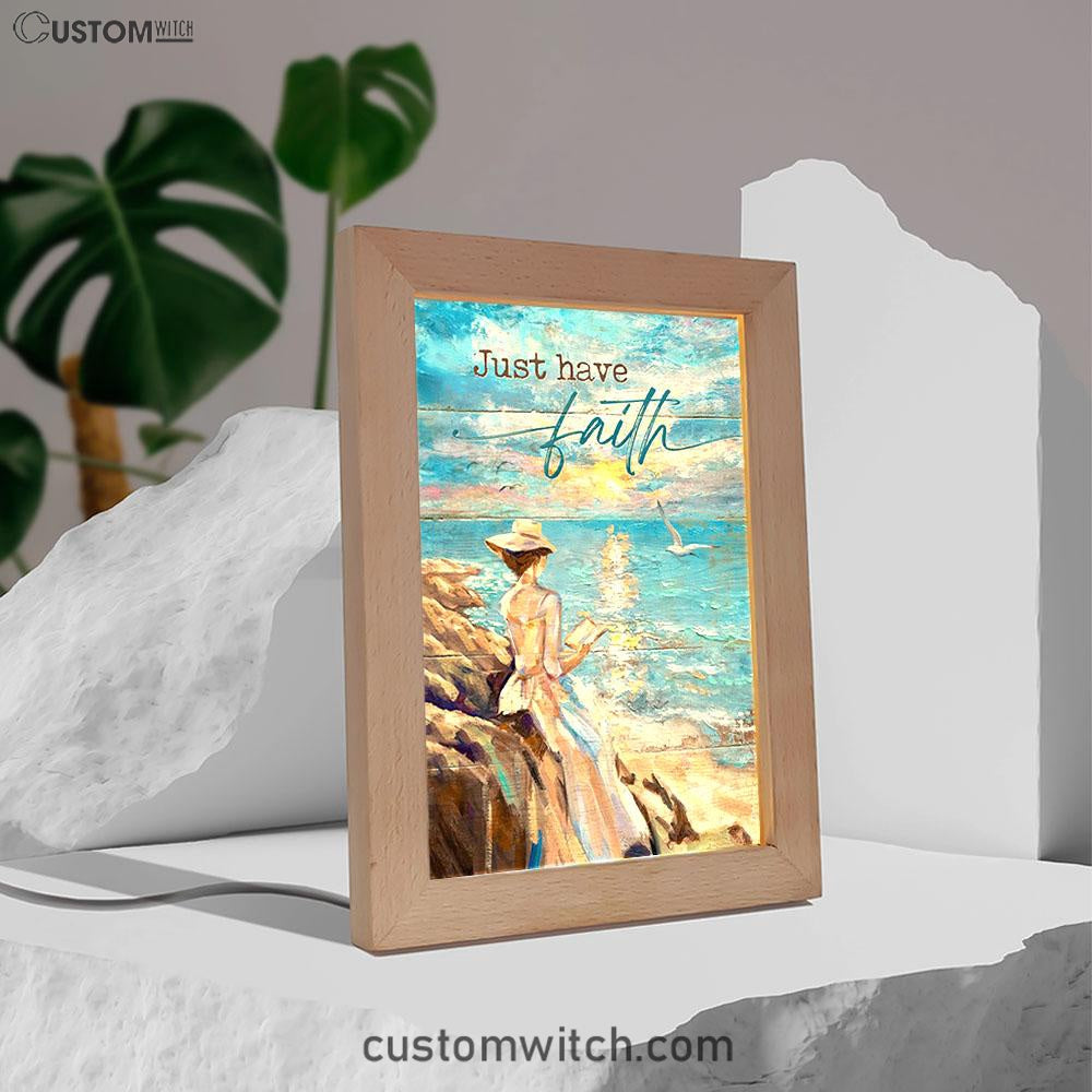 Just Have Faith Lady Reading Book Art Frame Lamp - Bible Verse Wooden Lamp - Christian Art Home Decor