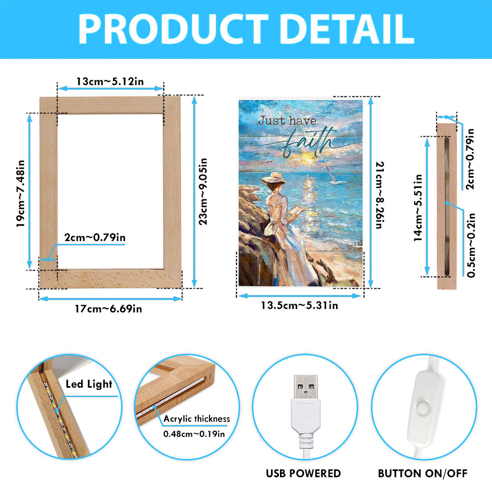 Just Have Faith Lady Reading Book Art Frame Lamp - Bible Verse Wooden Lamp - Christian Art Home Decor