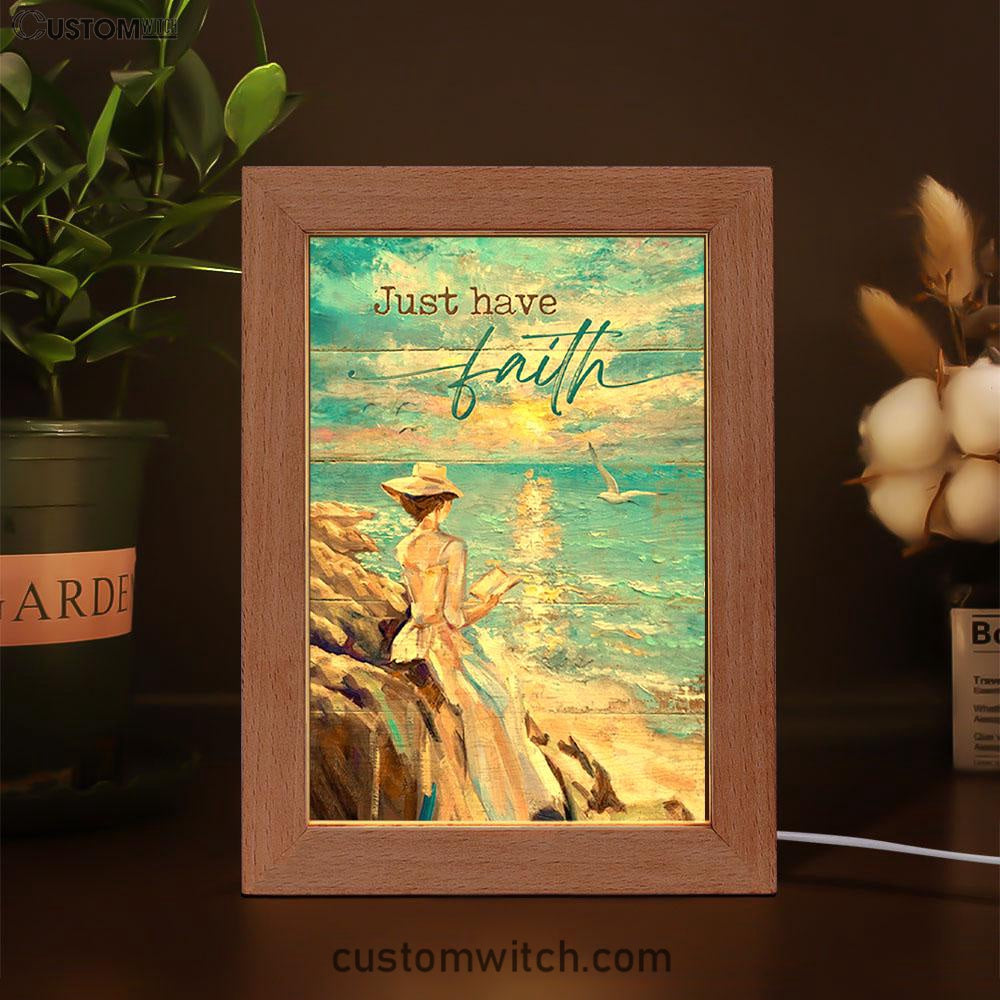 Just Have Faith Lady Reading Book Art Frame Lamp - Bible Verse Wooden Lamp - Christian Art Home Decor