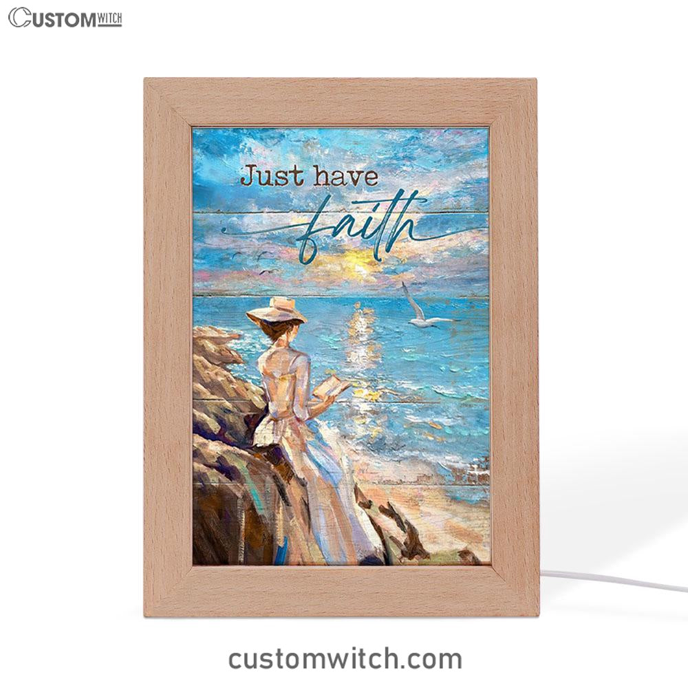Just Have Faith Lady Reading Book Art Frame Lamp - Bible Verse Wooden Lamp - Christian Art Home Decor