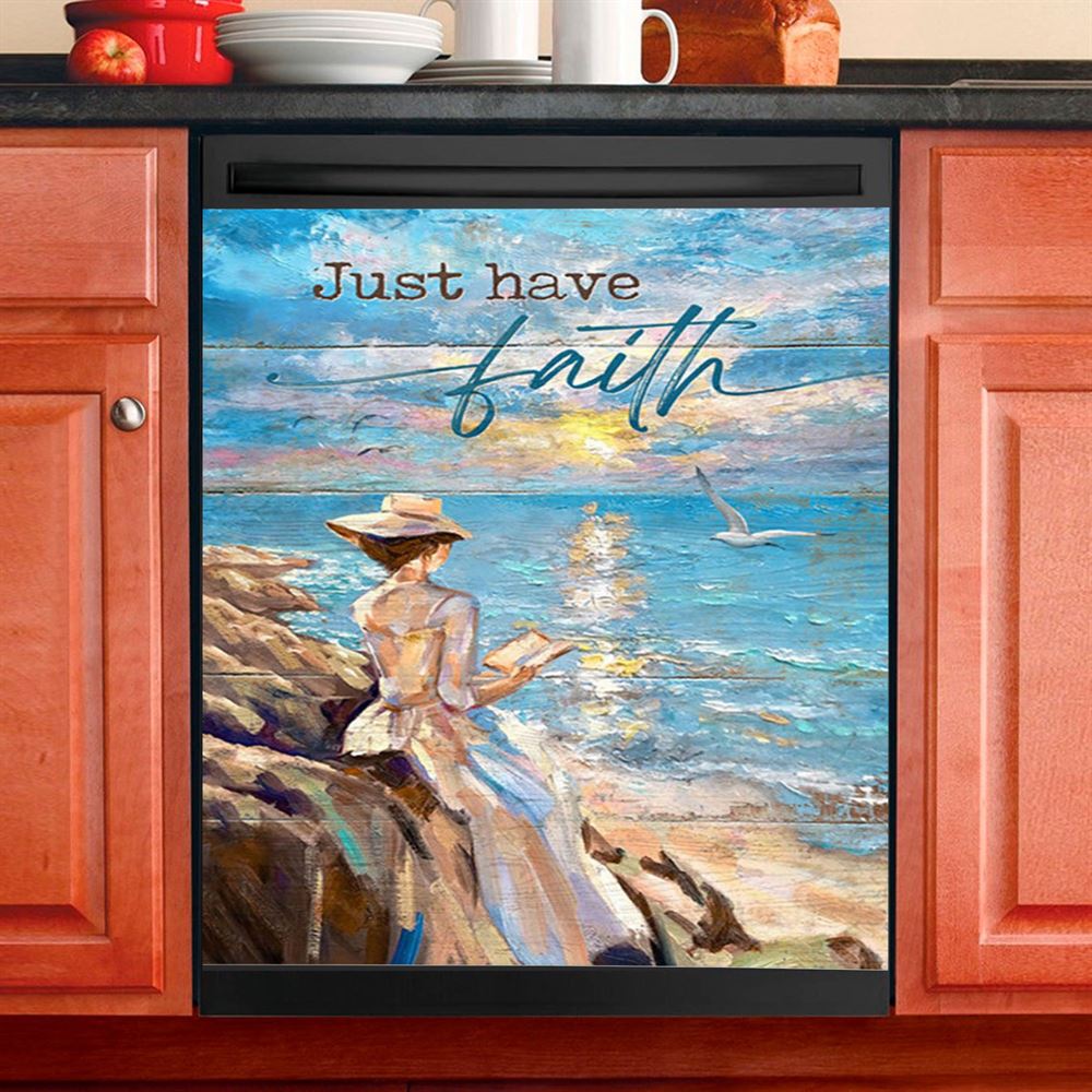Just Have Faith Lady Reading Book Dishwasher Cover, Bible Verse Dishwasher Wrap, Christian Kitchen Decoration