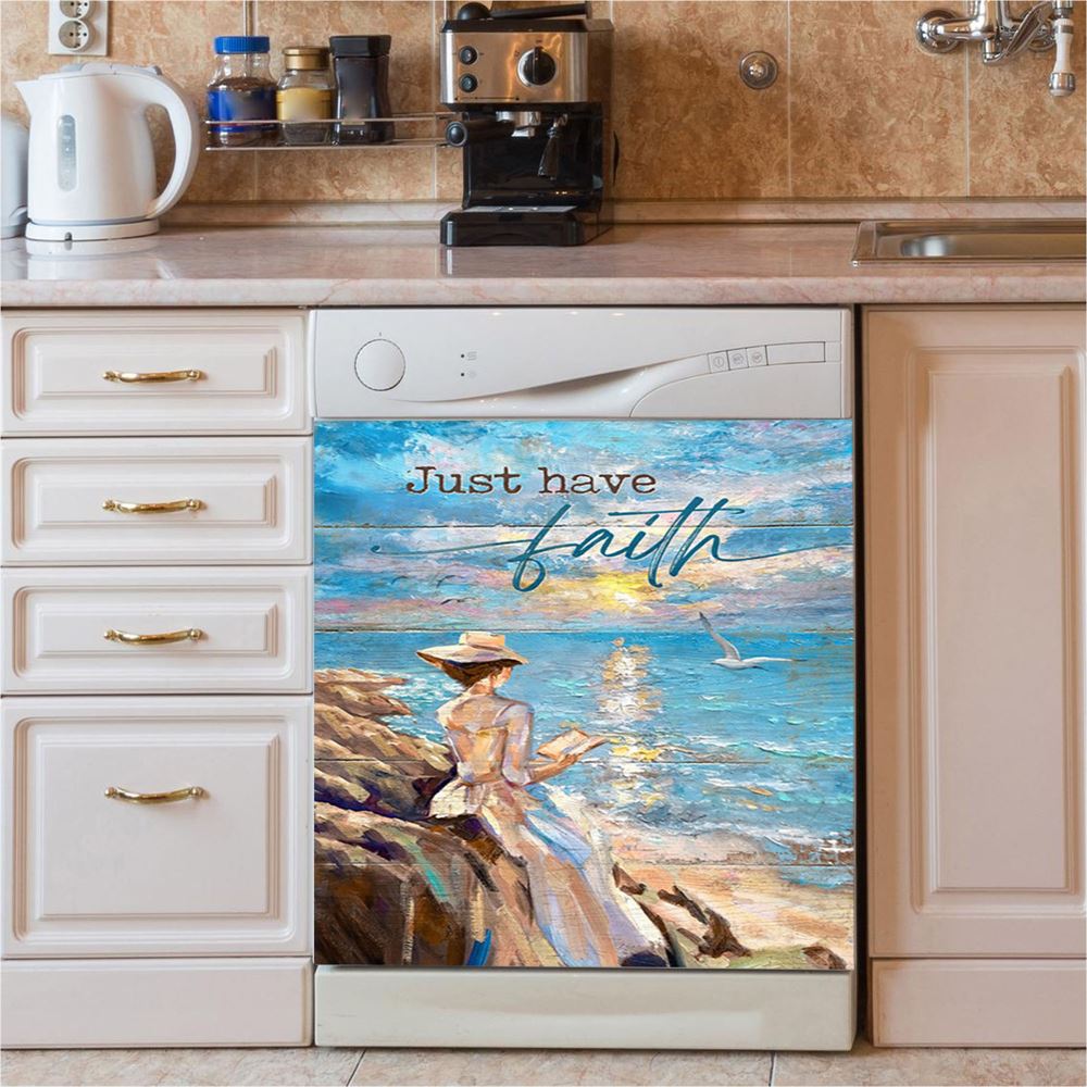 Just Have Faith Lady Reading Book Dishwasher Cover, Bible Verse Dishwasher Wrap, Christian Kitchen Decoration