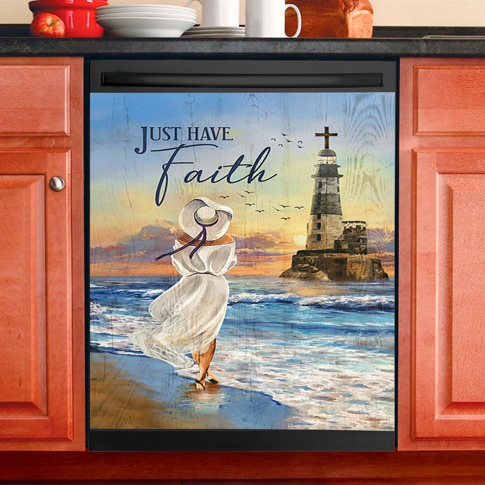 Just Have Faith Ocean Lighthouse Dishwasher Cover, Christian Dishwasher Wrap, Bible Verse Kitchen Decoration