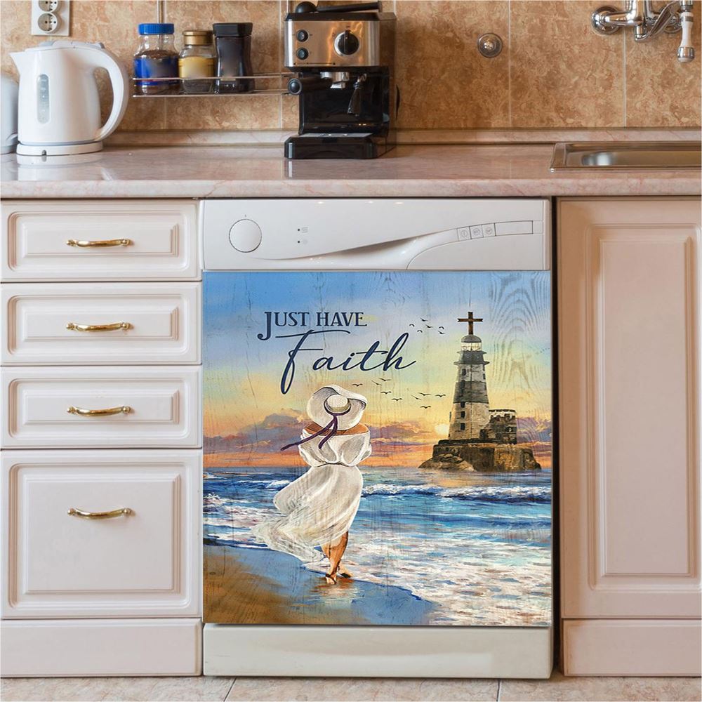 Just Have Faith Ocean Lighthouse Dishwasher Cover, Christian Dishwasher Wrap, Bible Verse Kitchen Decoration