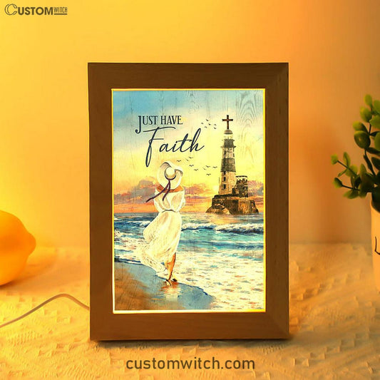 Just Have Faith Ocean Lighthouse Frame Lamp Art - Christian Night Light - Bible Verse Wooden Lamp