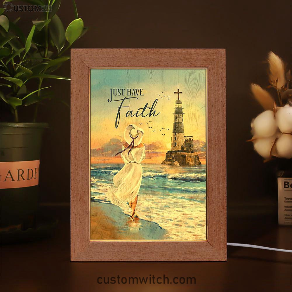 Just Have Faith Ocean Lighthouse Frame Lamp Art - Christian Night Light - Bible Verse Wooden Lamp