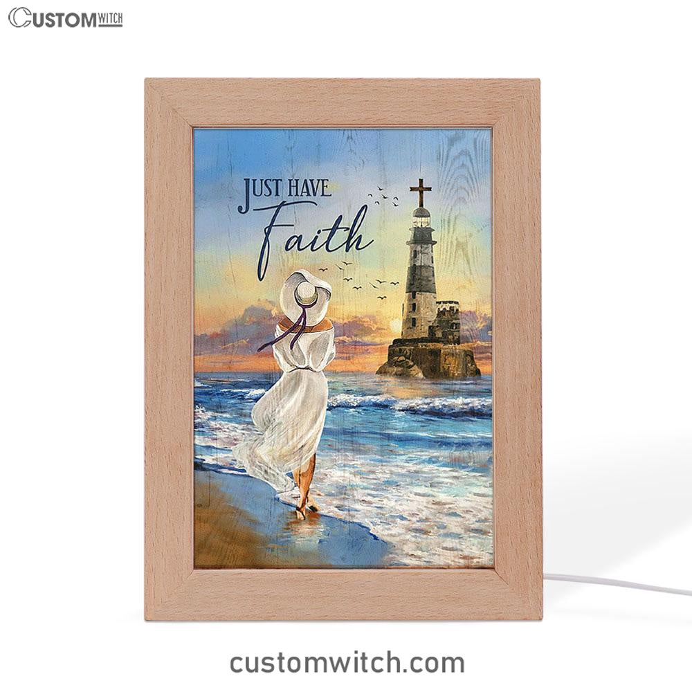 Just Have Faith Ocean Lighthouse Frame Lamp Art - Christian Night Light - Bible Verse Wooden Lamp