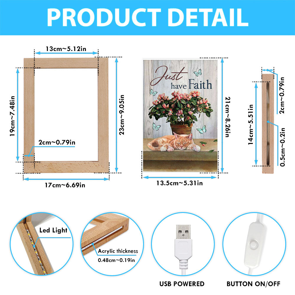 Just Have Faith Pink Flower Sleeping Cat Art Frame Lamp - Bible Verse Wooden Lamp - Christian Art Home Decor