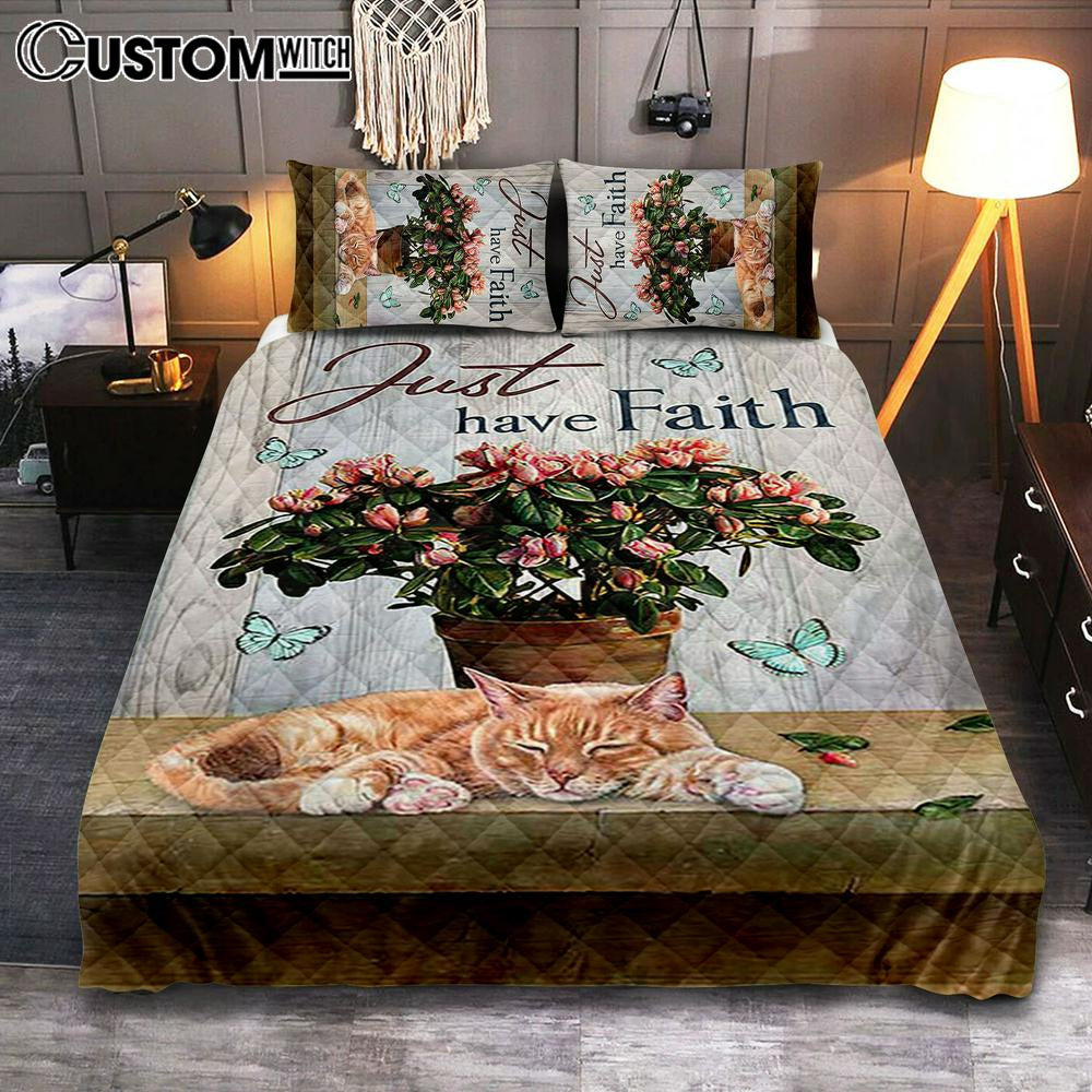 Just Have Faith Pink Flower Sleeping Cat Bedroom Quilt Bedding Set - Bible Verse Quilt Bedding Set Art - Christian Bedroom Home Decor