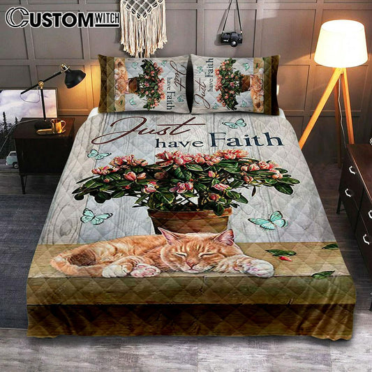 Just Have Faith Pink Flower Sleeping Cat Bedroom Quilt Bedding Set - Bible Verse Quilt Bedding Set Art - Christian Bedroom Home Decor