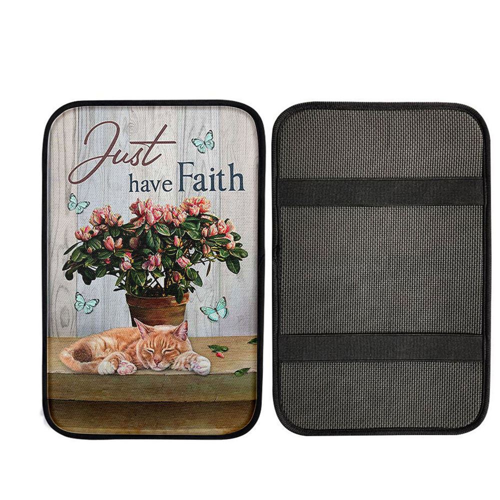 Just Have Faith Pink Flower Sleeping Cat Car Center Console Cover, God Car Armrest Accessories