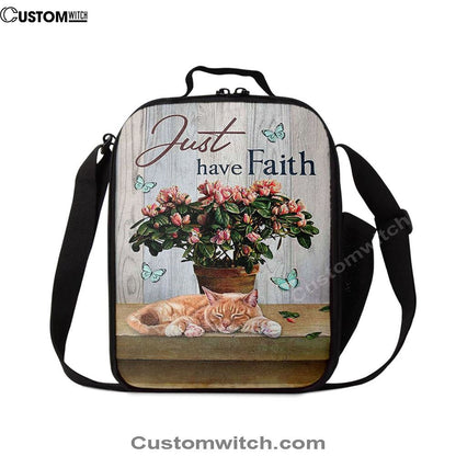 Just Have Faith Pink Flower Sleeping Cat Lunch Bag, Christian Lunch Box For School, Picnic