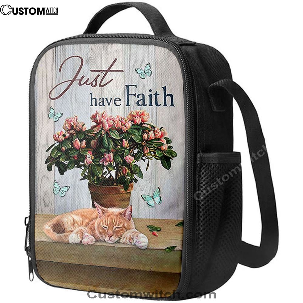 Just Have Faith Pink Flower Sleeping Cat Lunch Bag, Christian Lunch Box For School, Picnic