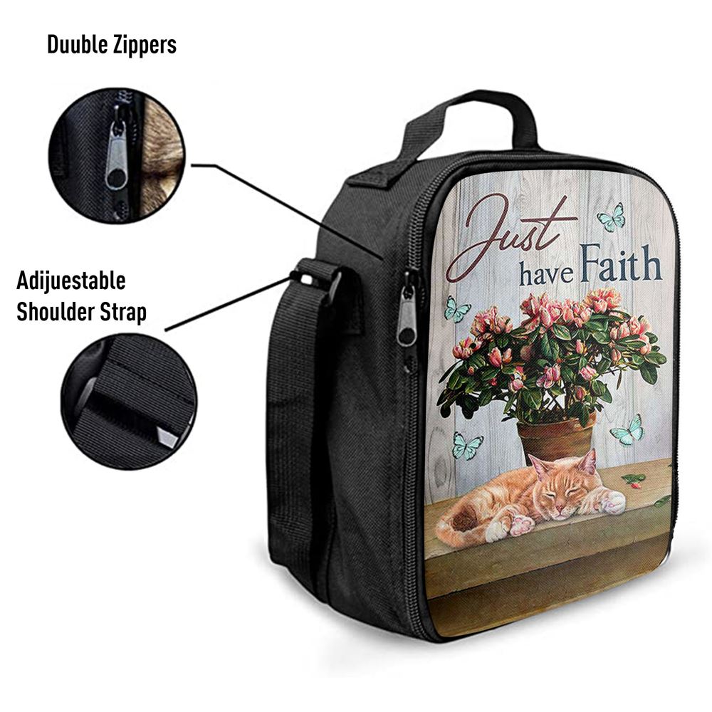 Just Have Faith Pink Flower Sleeping Cat Lunch Bag, Christian Lunch Box For School, Picnic