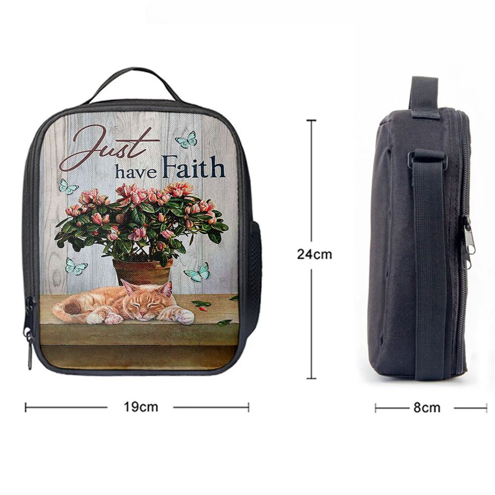 Just Have Faith Pink Flower Sleeping Cat Lunch Bag, Christian Lunch Box For School, Picnic
