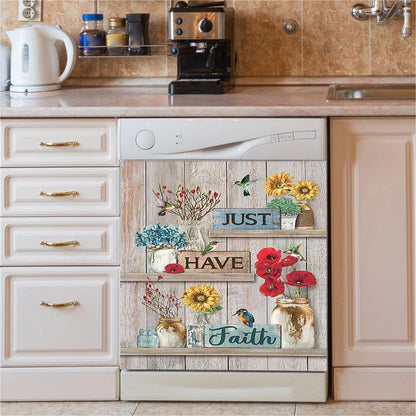 Just Have Faith Poppy Sunflower Hummingbird Dishwasher Cover, Bible Verse Dishwasher Wrap, Christian Kitchen Decoration