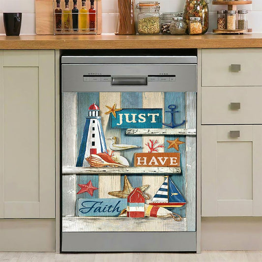 Just Have Faith Pretty Lighthouse Ocean Dishwasher Cover, Bible Verse Dishwasher Wrap, Christian Kitchen Decoration