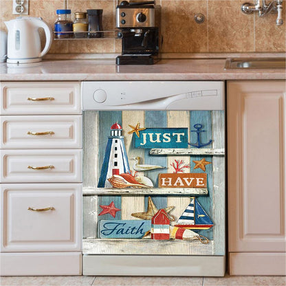 Just Have Faith Pretty Lighthouse Ocean Dishwasher Cover, Bible Verse Dishwasher Wrap, Christian Kitchen Decoration