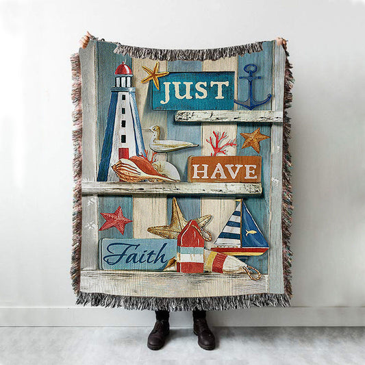 Just Have Faith Pretty Lighthouse Ocean Throw Blanket Woven Blanket - Bible Verse Woven Blanket Art - Christian Throw Blanket Home Decor