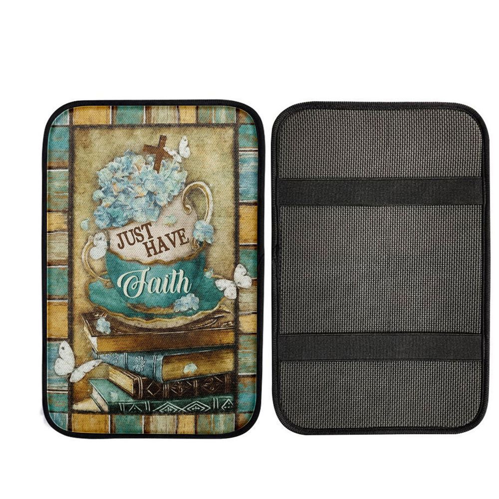 Just Have Faith Tea Cup Book Butterfly Car Center Console Cover, Religious Car Interior Accessories