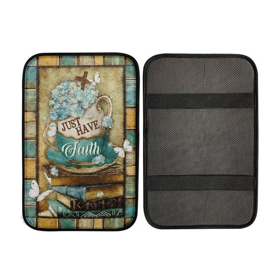 Just Have Faith Tea Cup Book Butterfly Car Center Console Cover, Religious Car Interior Accessories