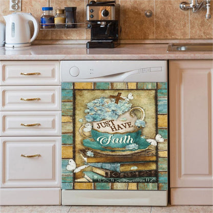 Just Have Faith Tea Cup Book Butterfly Dishwasher Cover, Christian Dishwasher Wrap, Bible Verse Kitchen Decoration
