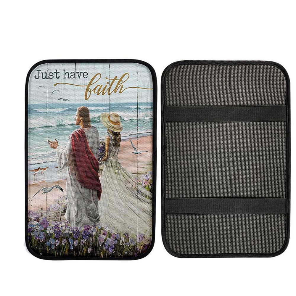 Just Have Faith Walk With Jesus Blue Ocean Car Center Console Cover, Religious Car Interior Accessories
