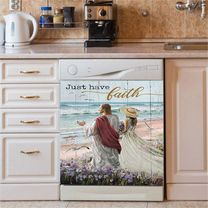 Just Have Faith Walk With Jesus Blue Ocean Dishwasher Cover, Christian Dishwasher Wrap, Bible Verse Kitchen Decoration