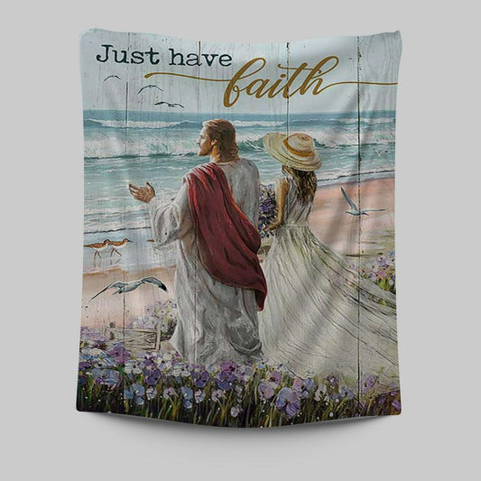Just Have Faith Walk With Jesus Blue Ocean Tapestry Wall Art - Christian Tapestries Prints - Bible Verse Tapestry Art