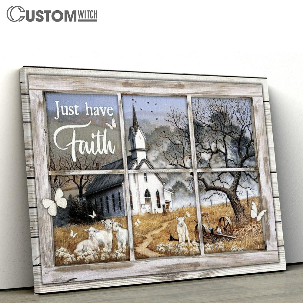 Just Have Faith, White Church, Sheep, Butterfly, Countryside Canvas Poster