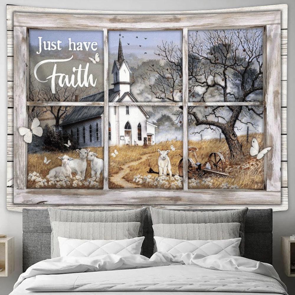 Just Have Faith, White Church, Sheep, Butterfly, Countryside Tapestry, Tapestries for Living Room Bedroom